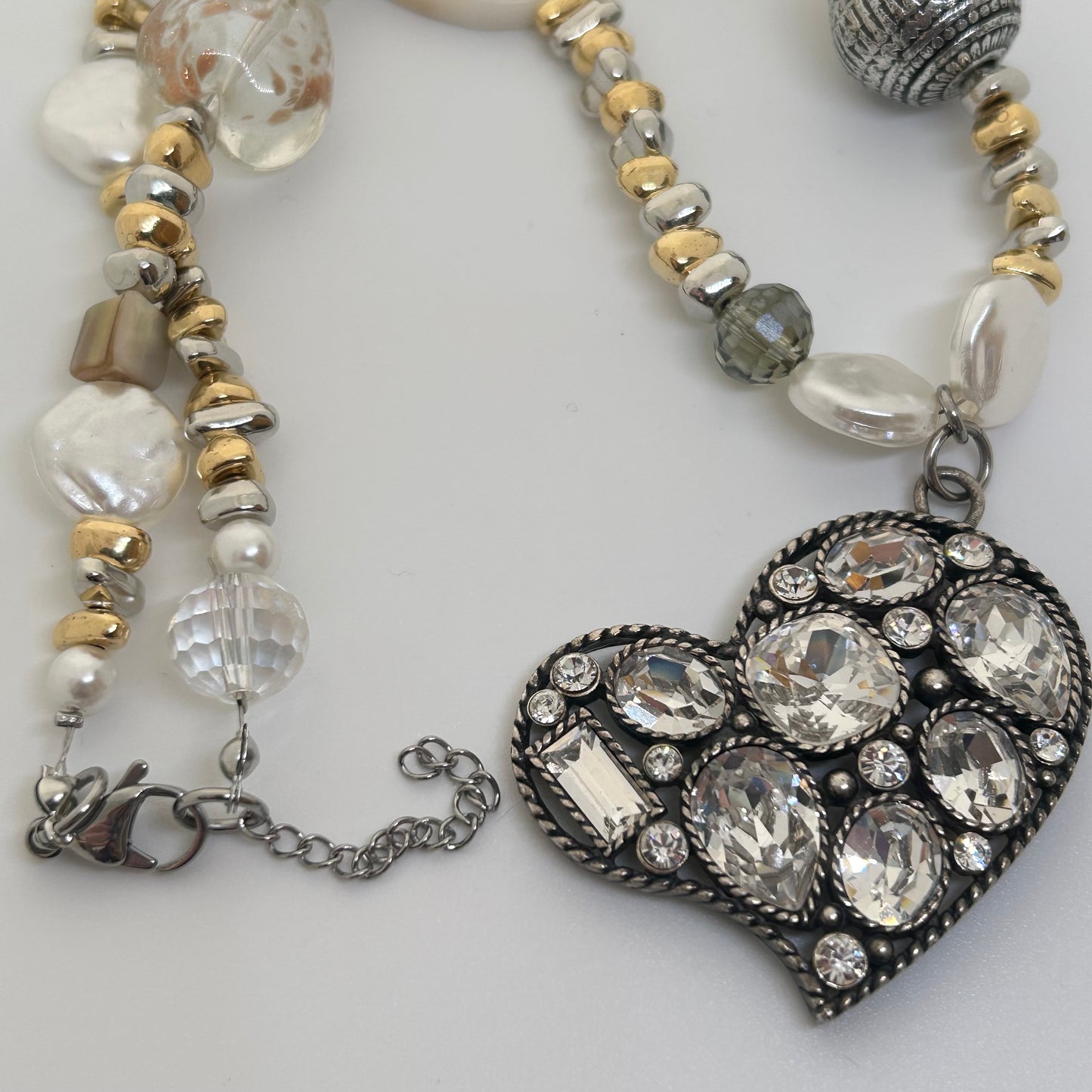 Mixed metal gold & silver heart chunky pendant necklace