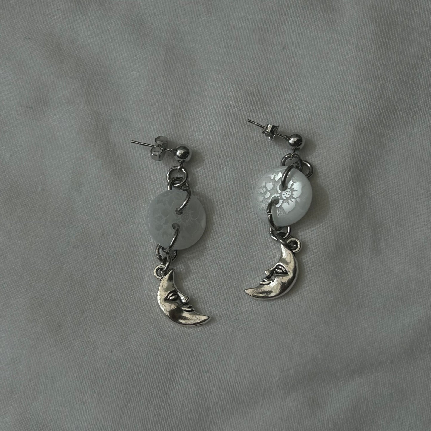 White button moon stud earrings