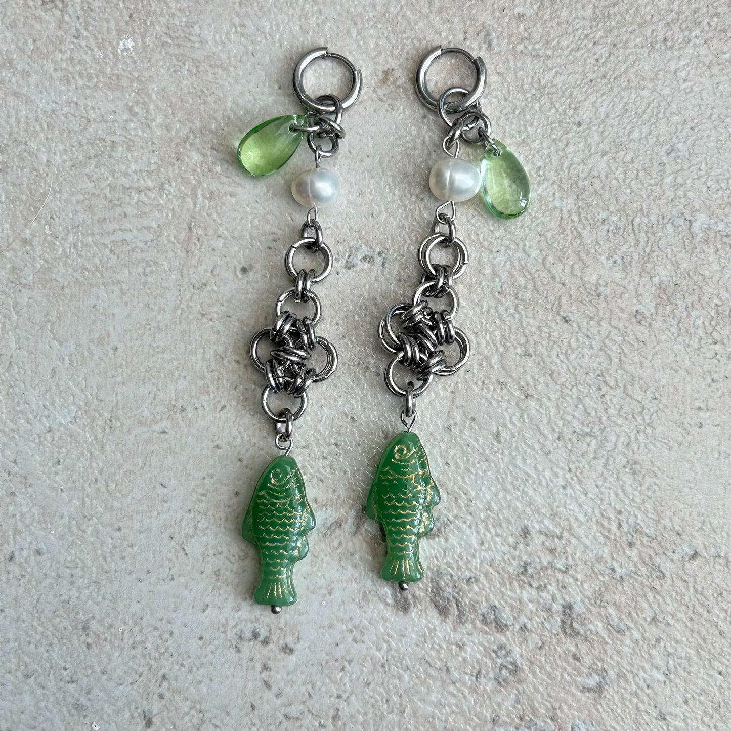 Gold on green cross chainmail fish earrings