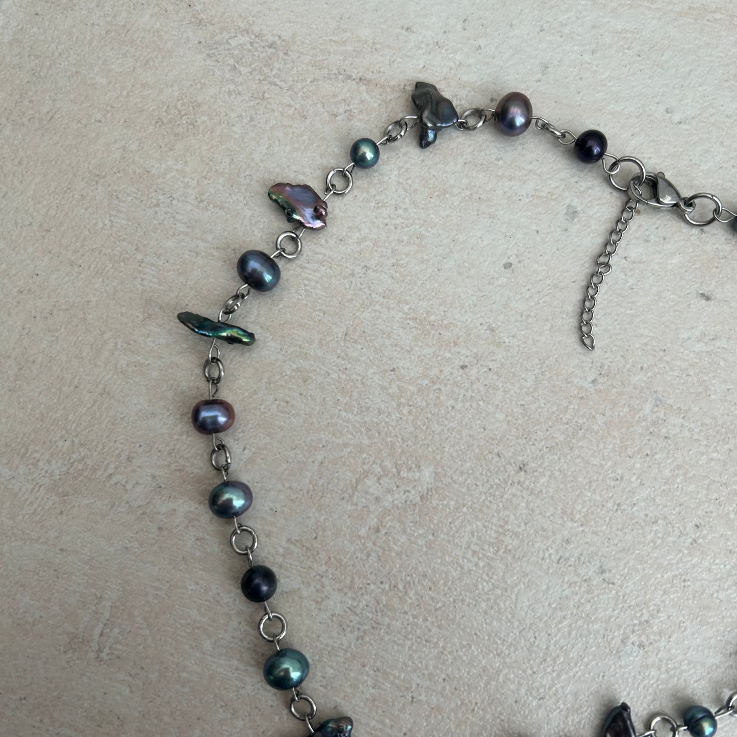 dark blue glass heart and freshwater pearl necklace