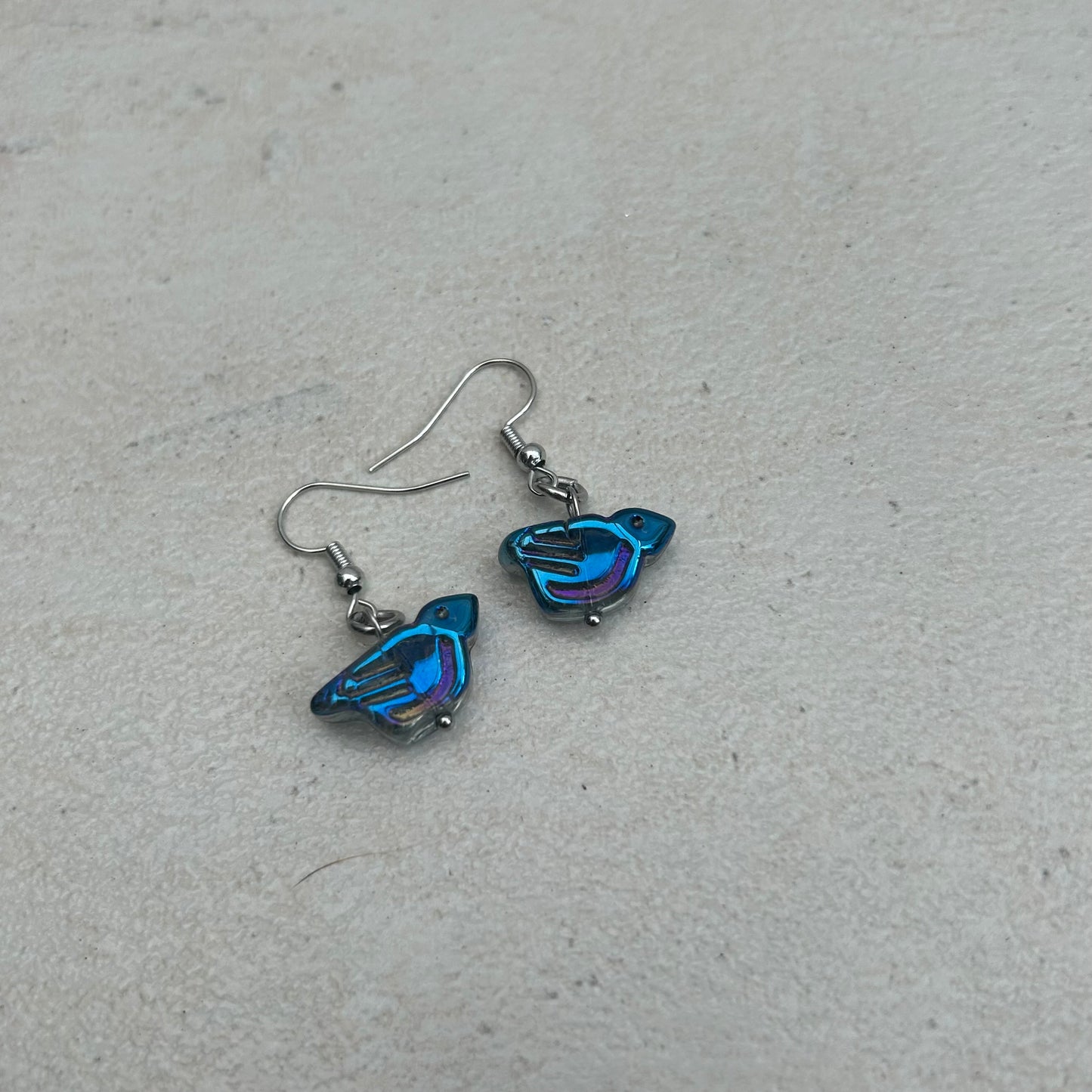 Blue glass bird earrings