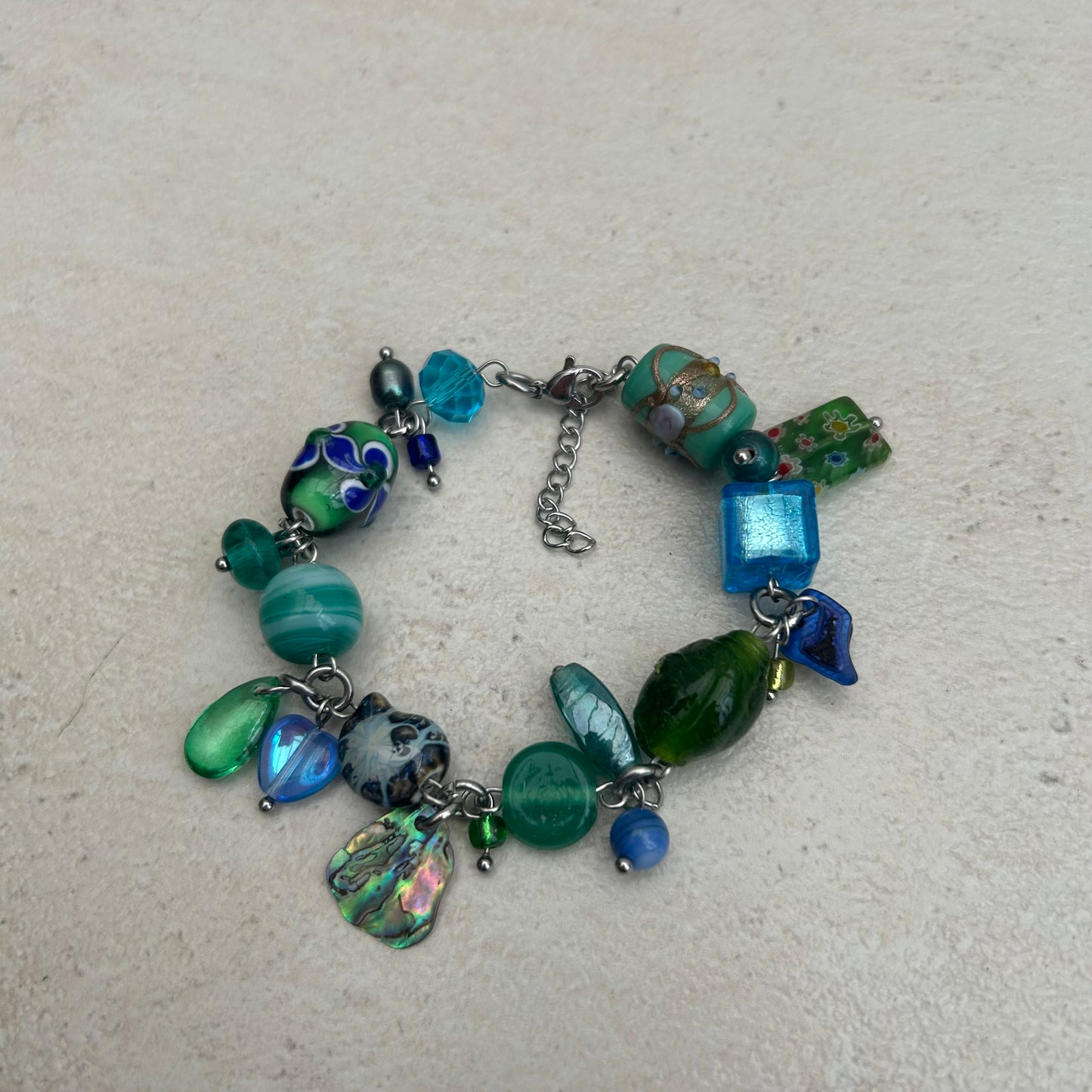 Blue and green cluster glass bracelet