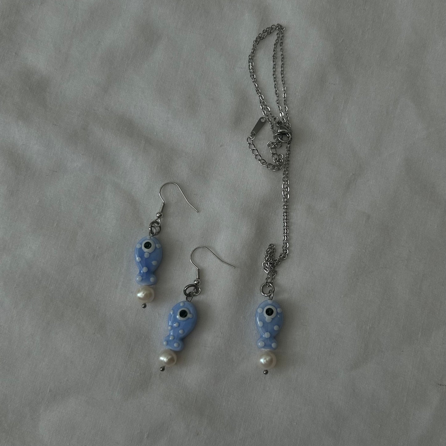 blue polka dot ceramic fish set