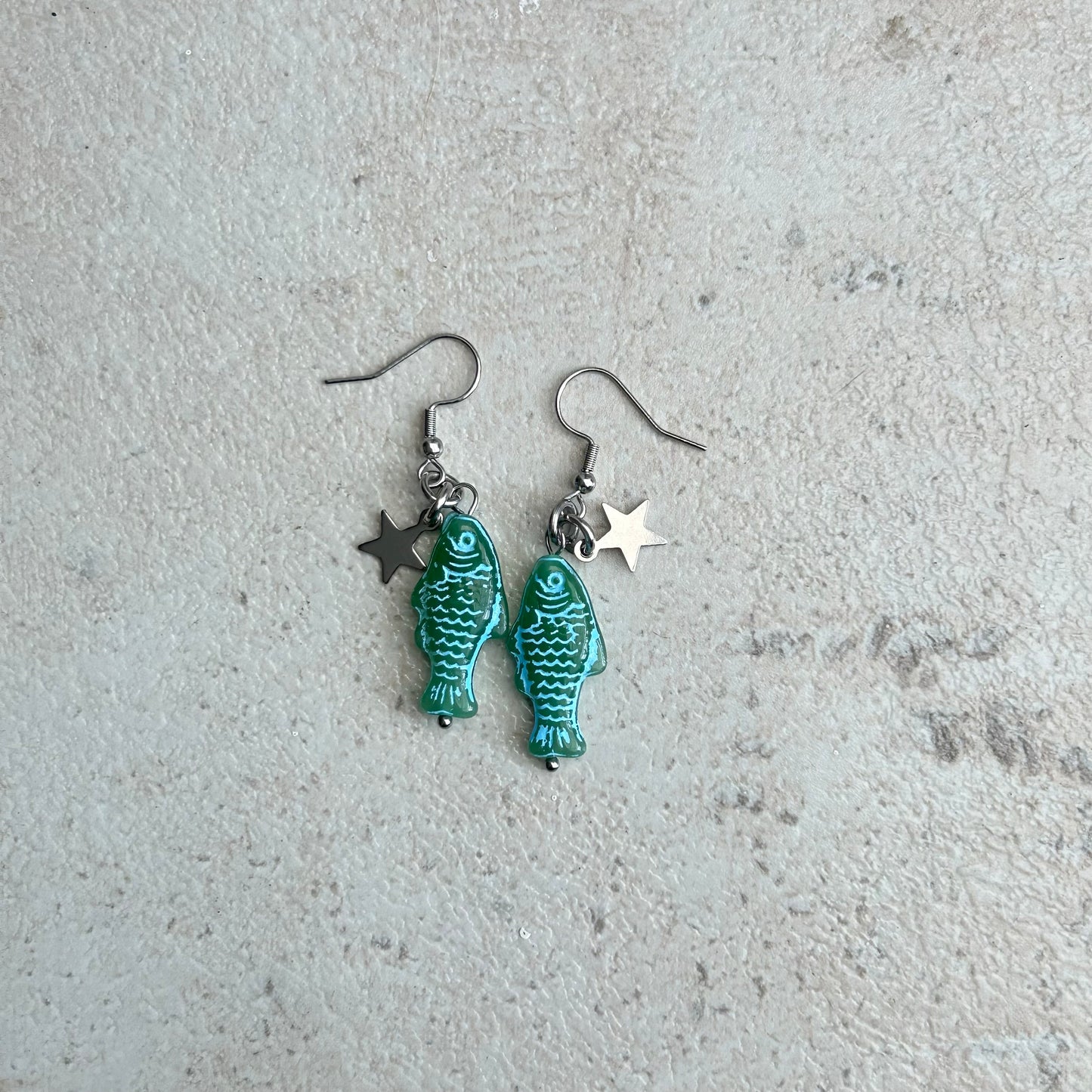 Blue on green star earrings