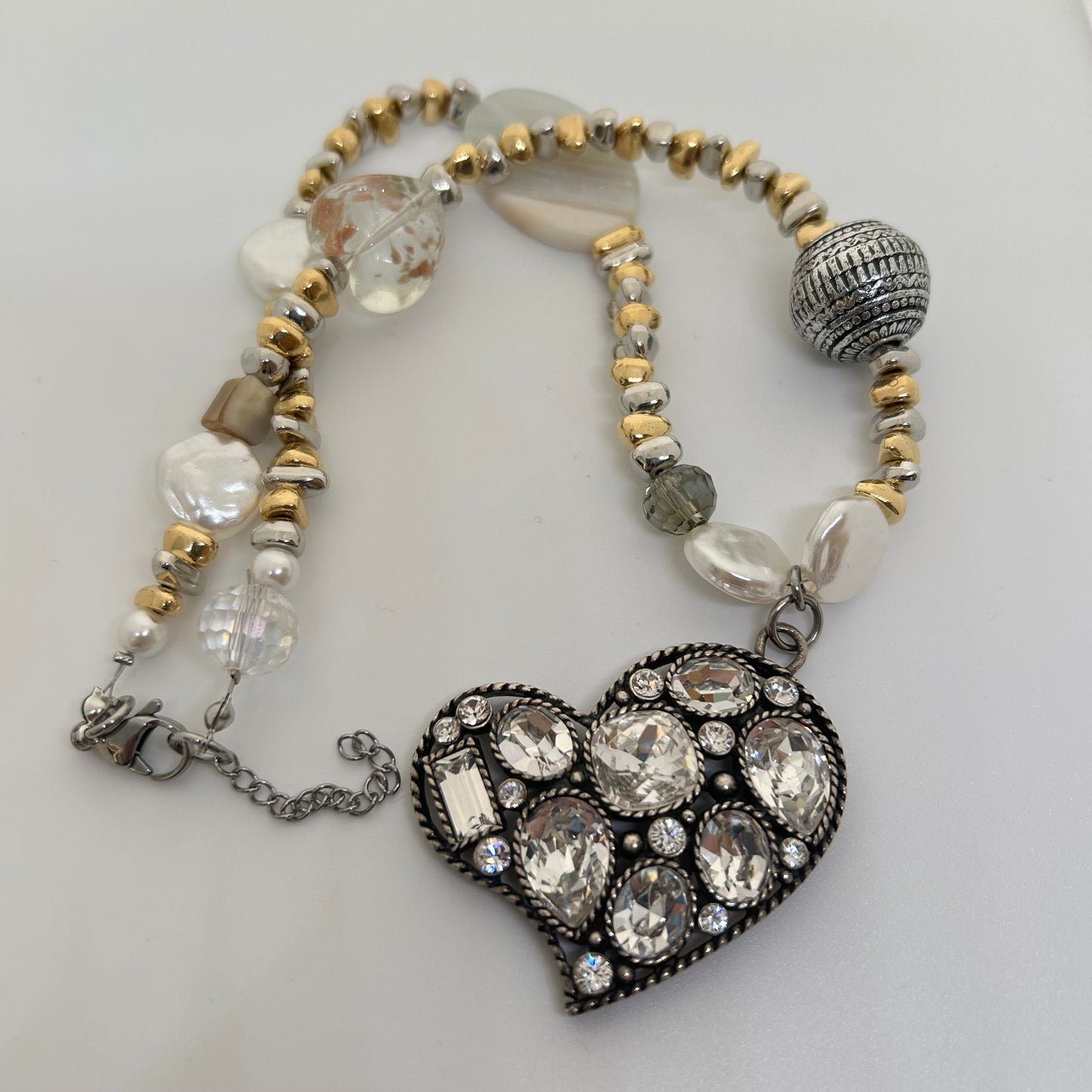 Mixed metal gold & silver heart chunky pendant necklace