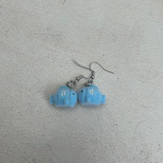 Fluffy blue fish earrings