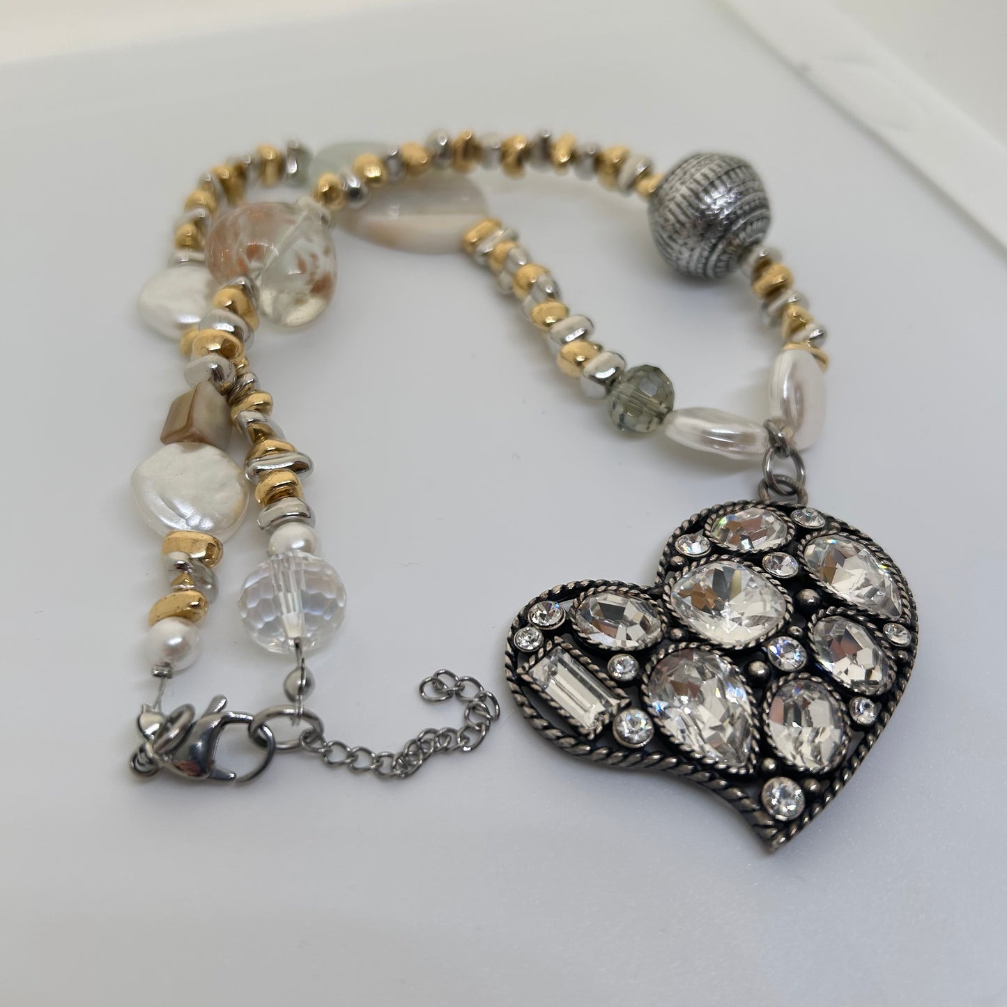 Mixed metal gold & silver heart chunky pendant necklace