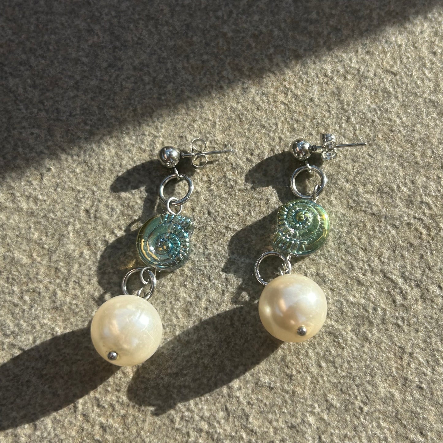 Faux pearl and glass shell earrings