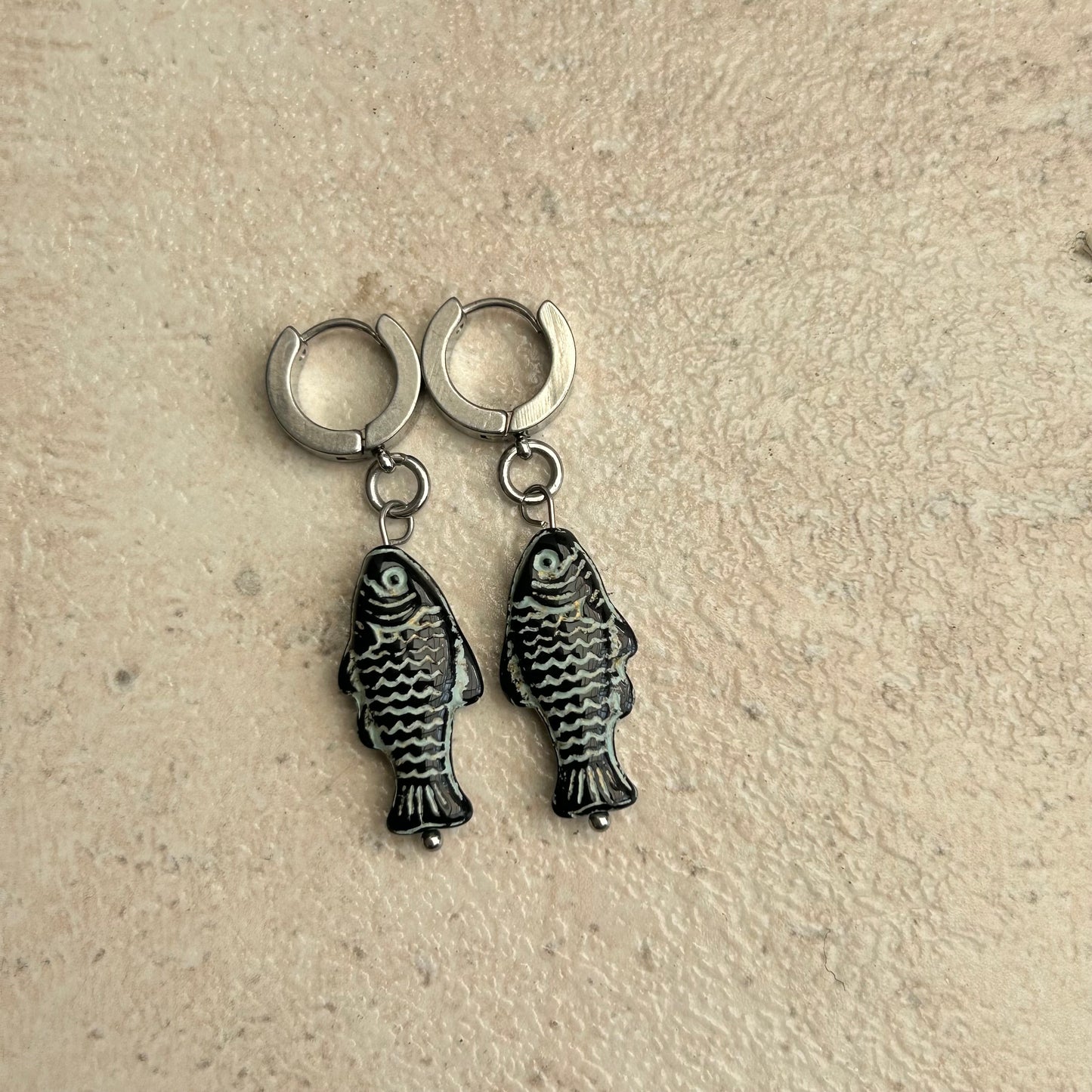 Grey on black fish earrings