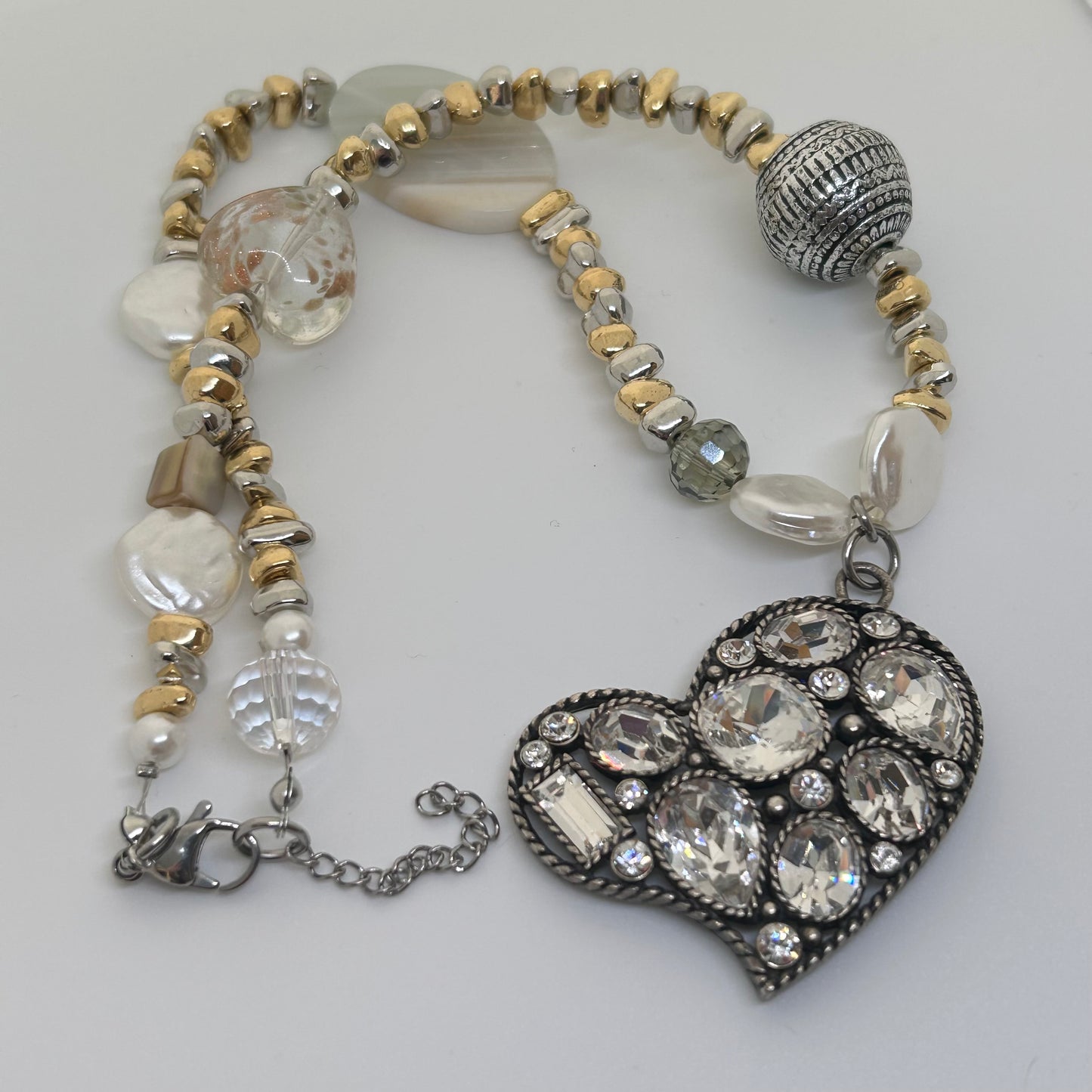 Mixed metal gold & silver heart chunky pendant necklace
