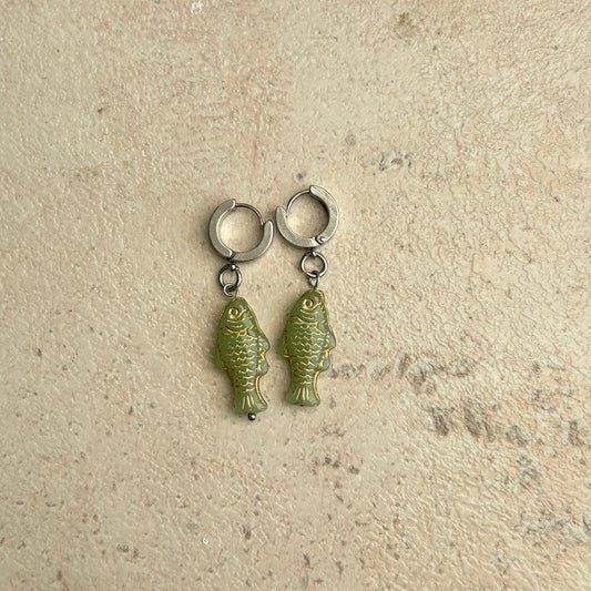 Gold on light green fish earrings
