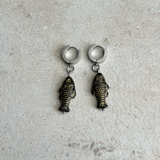 Gold on black fish earrings
