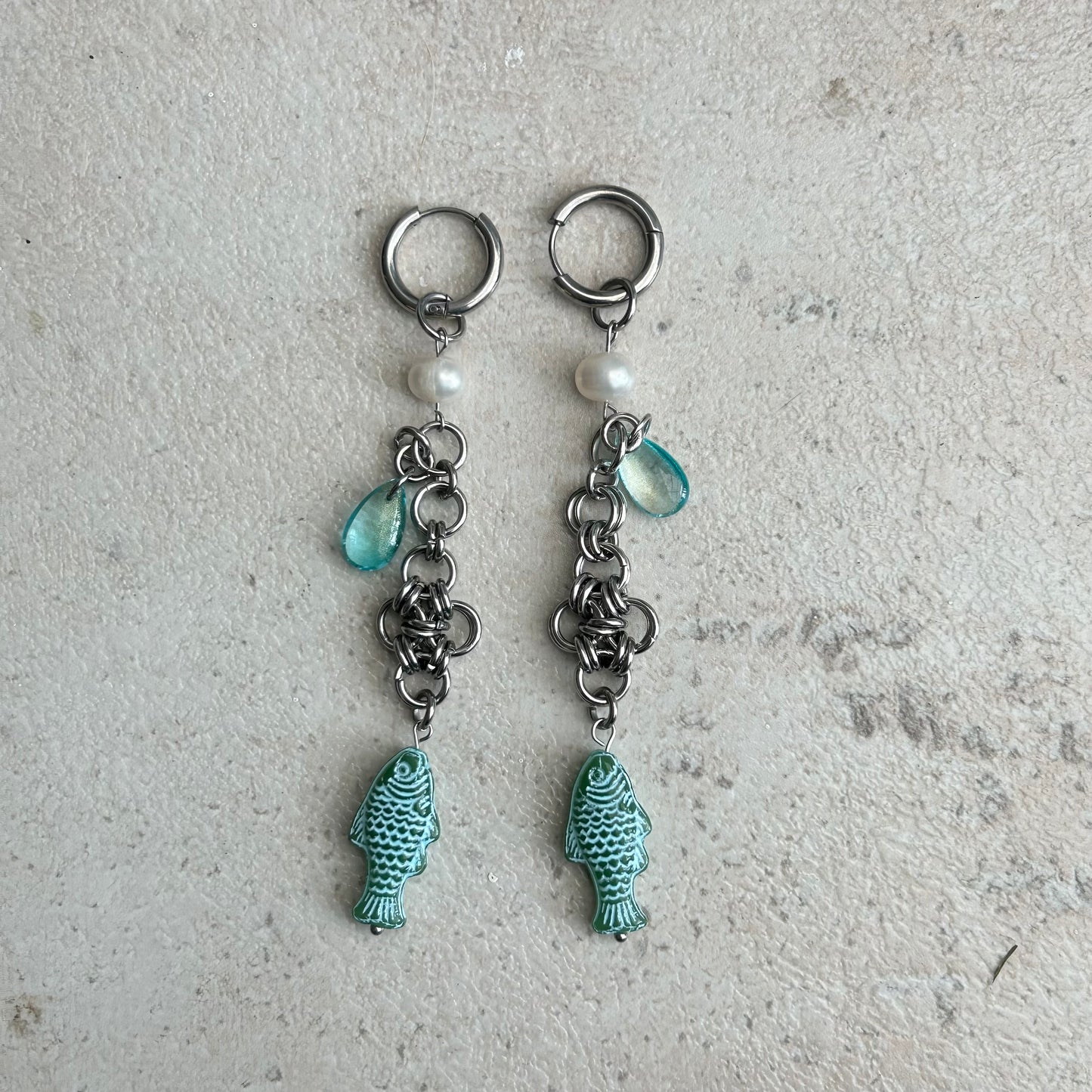 Blue on green chainmail cross fish earrings