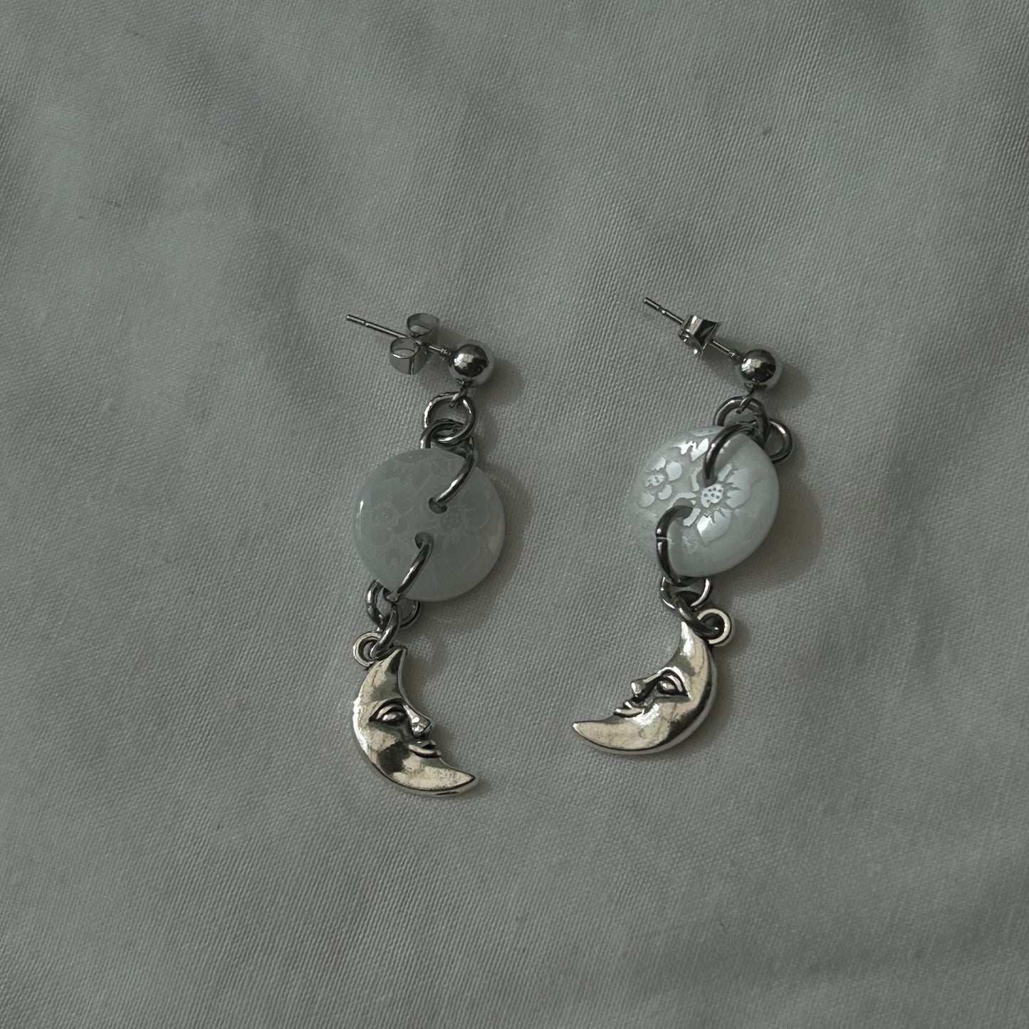 White button moon stud earrings