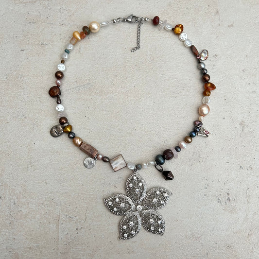 Flower pendant freshwater pearl and glass necklace