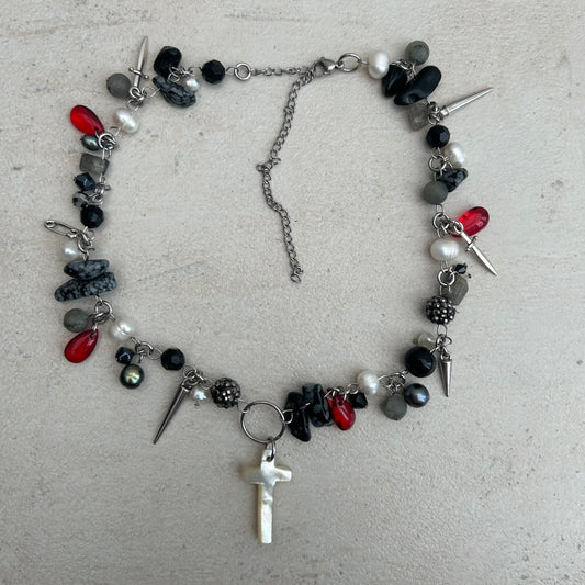 'Full of Woe' black, red and silver charm and glass cluster clutter necklace