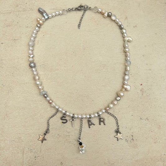 Star stainless steel charm freshwater pearl necklace
