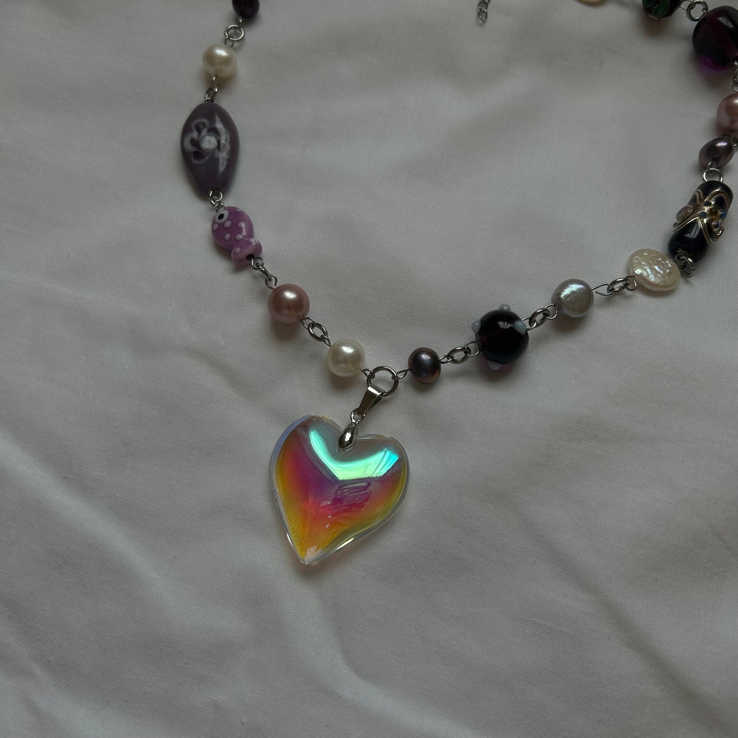 Iridescent glass heart necklace
