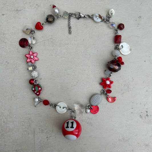 Lucky 11 red and white cluster clutter necklace