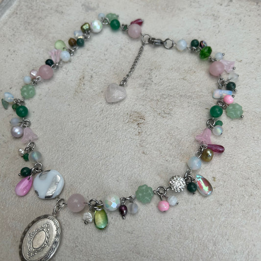 glass cluster clutter green and pink locket necklace