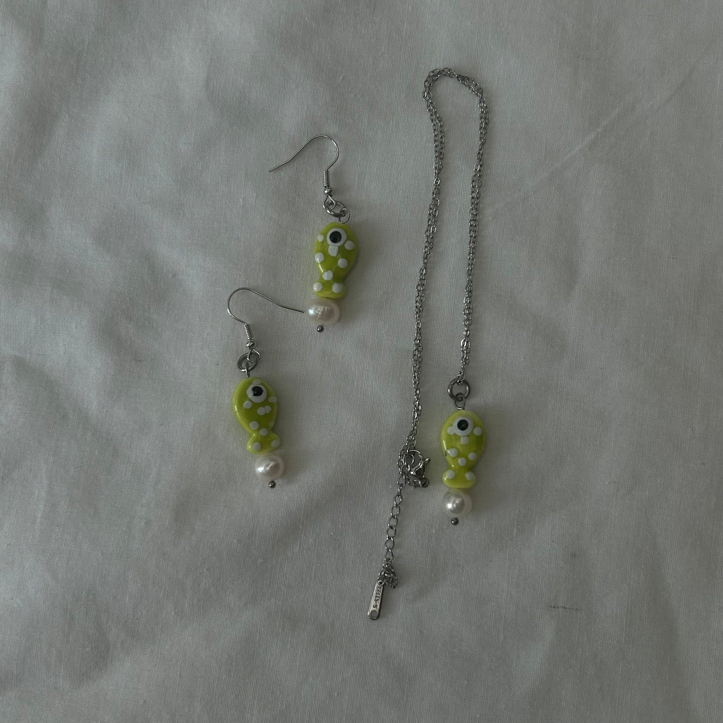Lime green polka fish necklace set