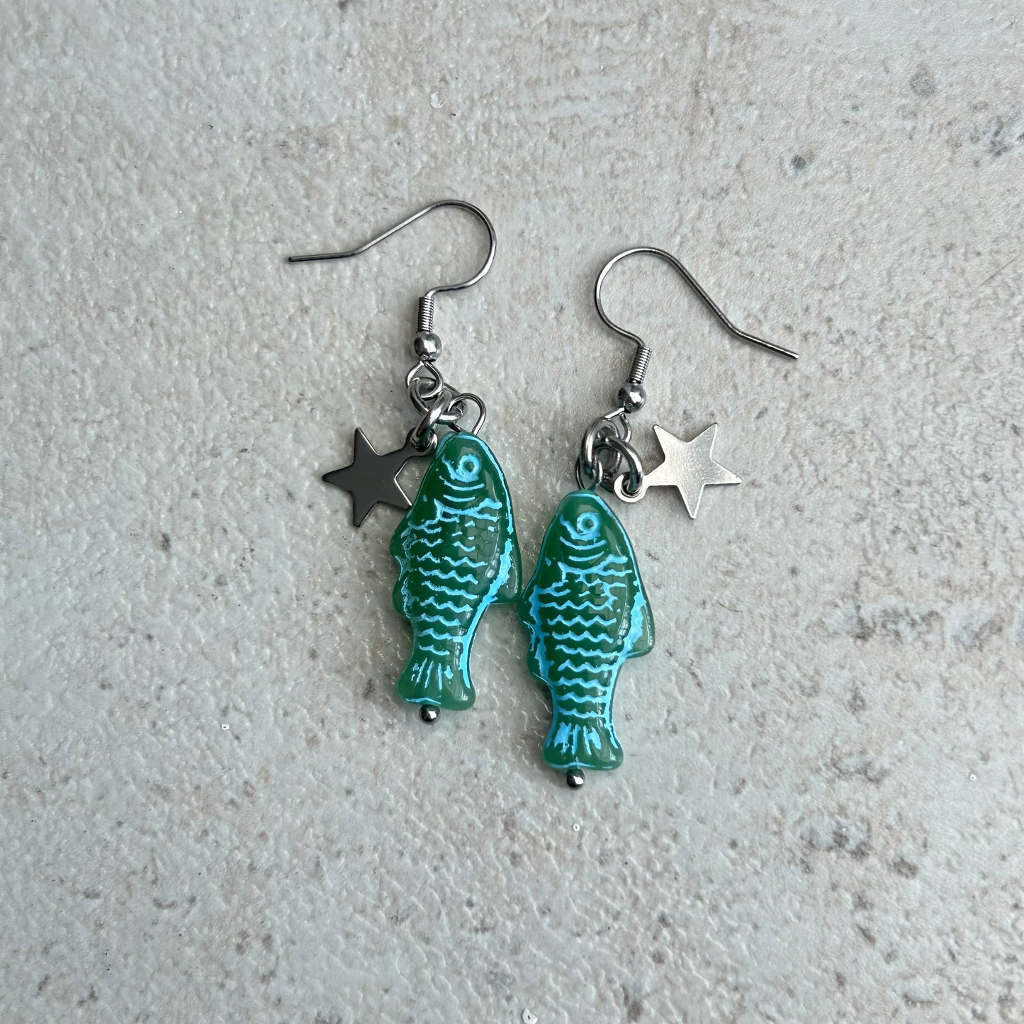 Blue on green star earrings