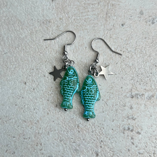 Blue on green star earrings