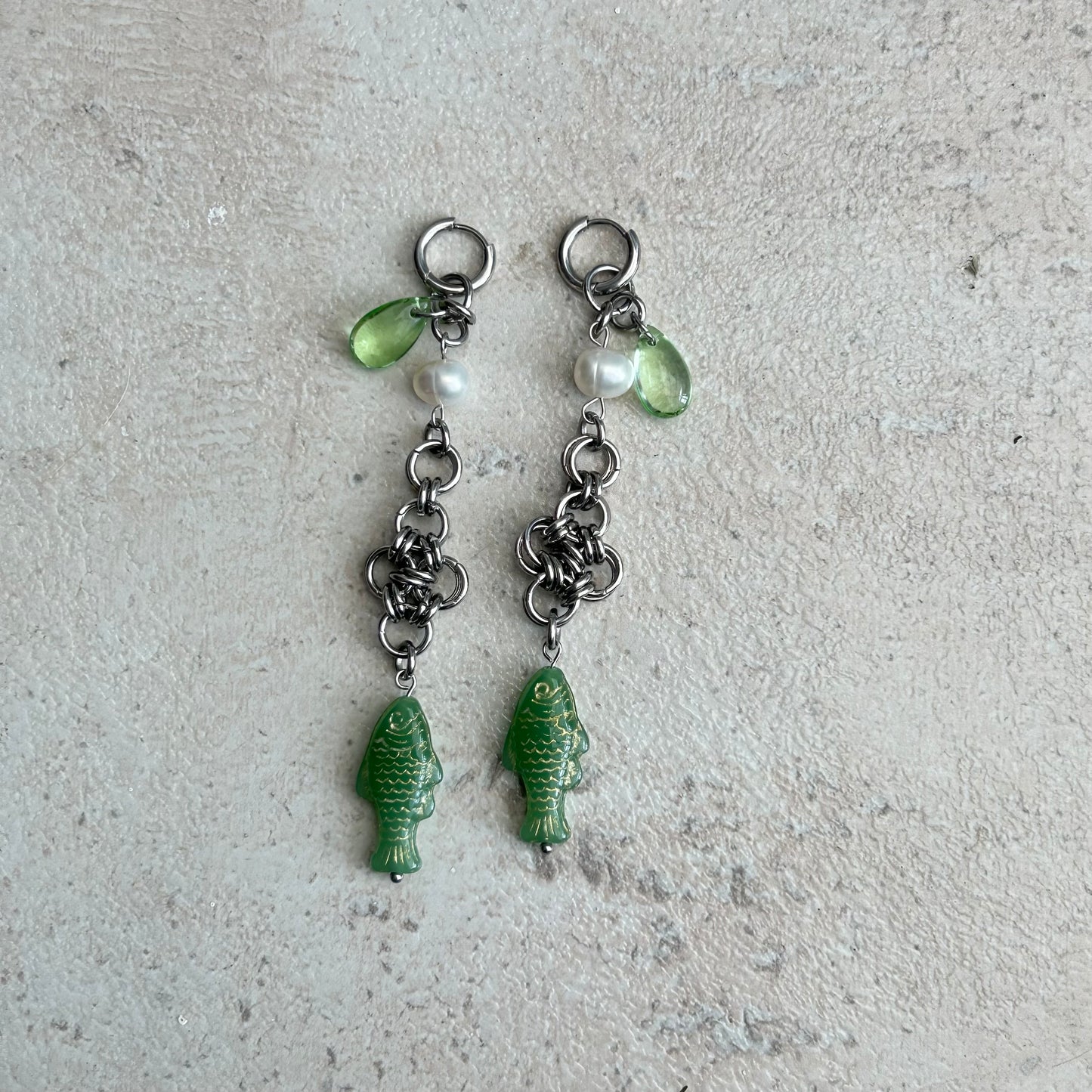 Gold on green cross chainmail fish earrings