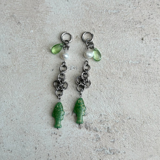 Gold on green cross chainmail fish earrings