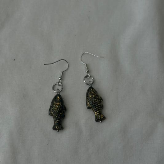 Gold on black fish earrings