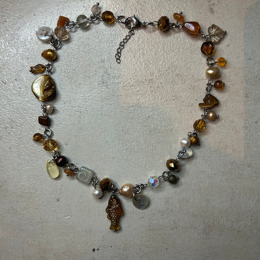 Brown fish glass and freshwater pearl necklace