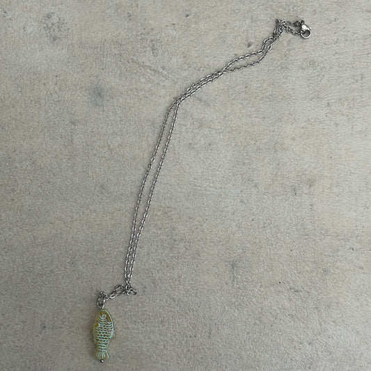 sage green glass fish stainless steel necklace