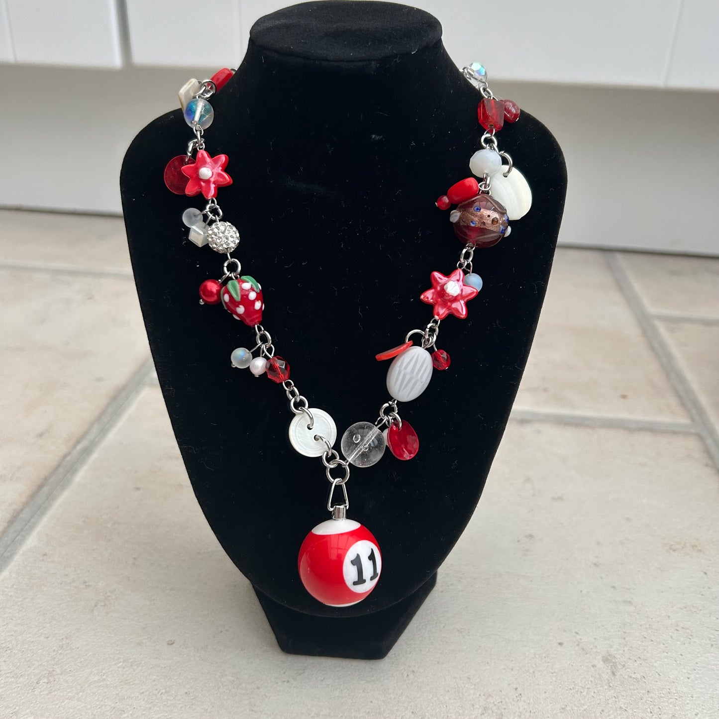 Lucky 11 red and white cluster clutter necklace