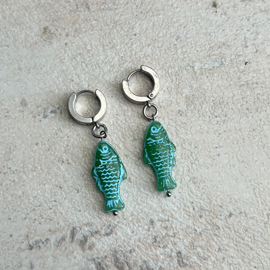 Blue dark green fish earrings