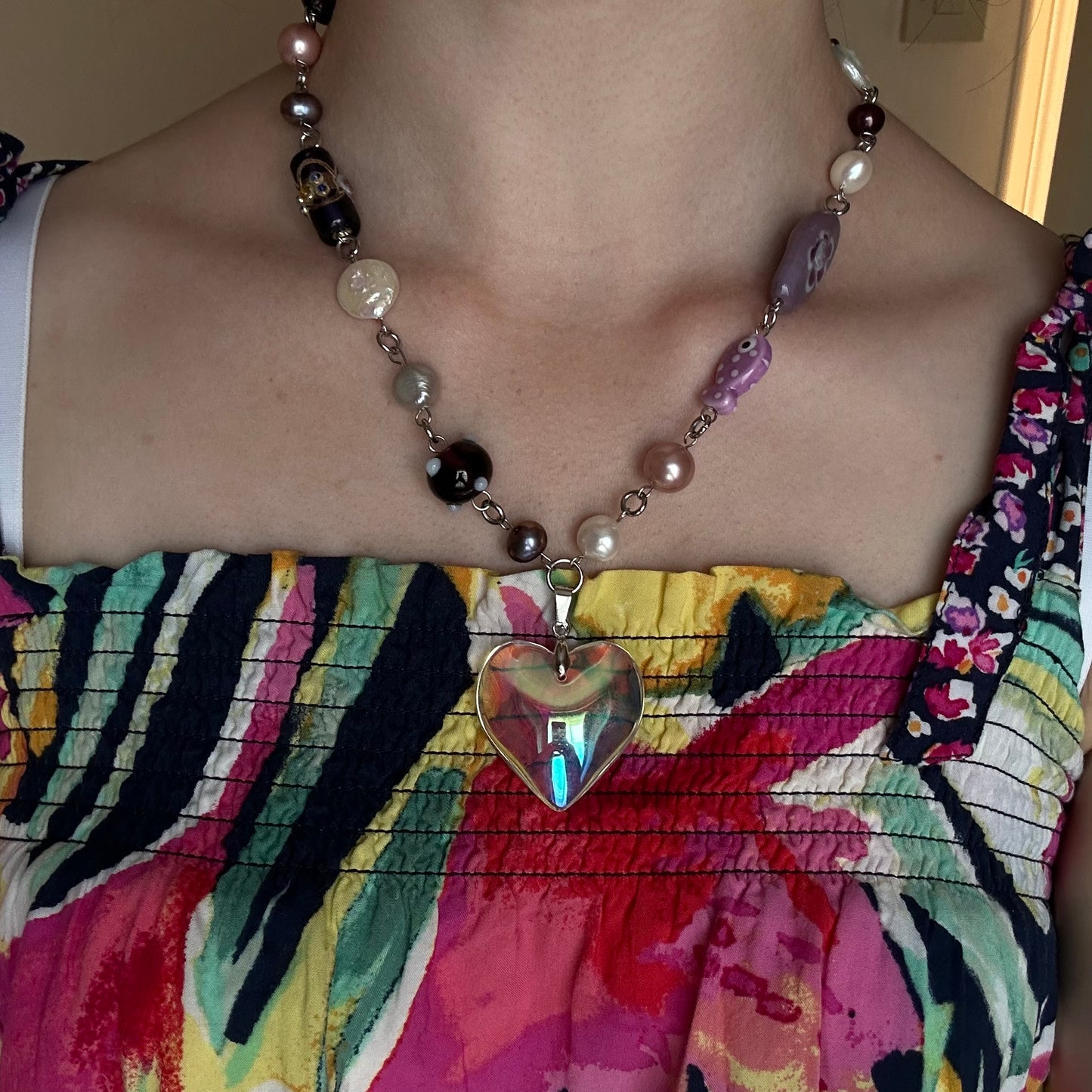 Iridescent glass heart necklace