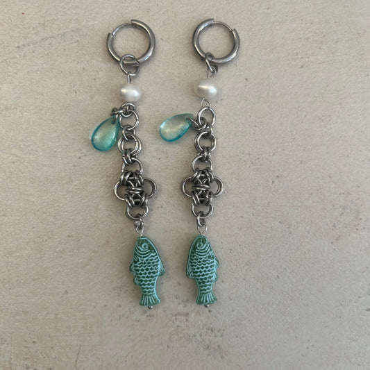 blue & green chainmail earrings