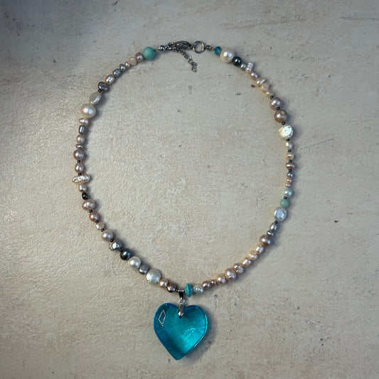Freshwater pearl and glass blue heart pendant necklace