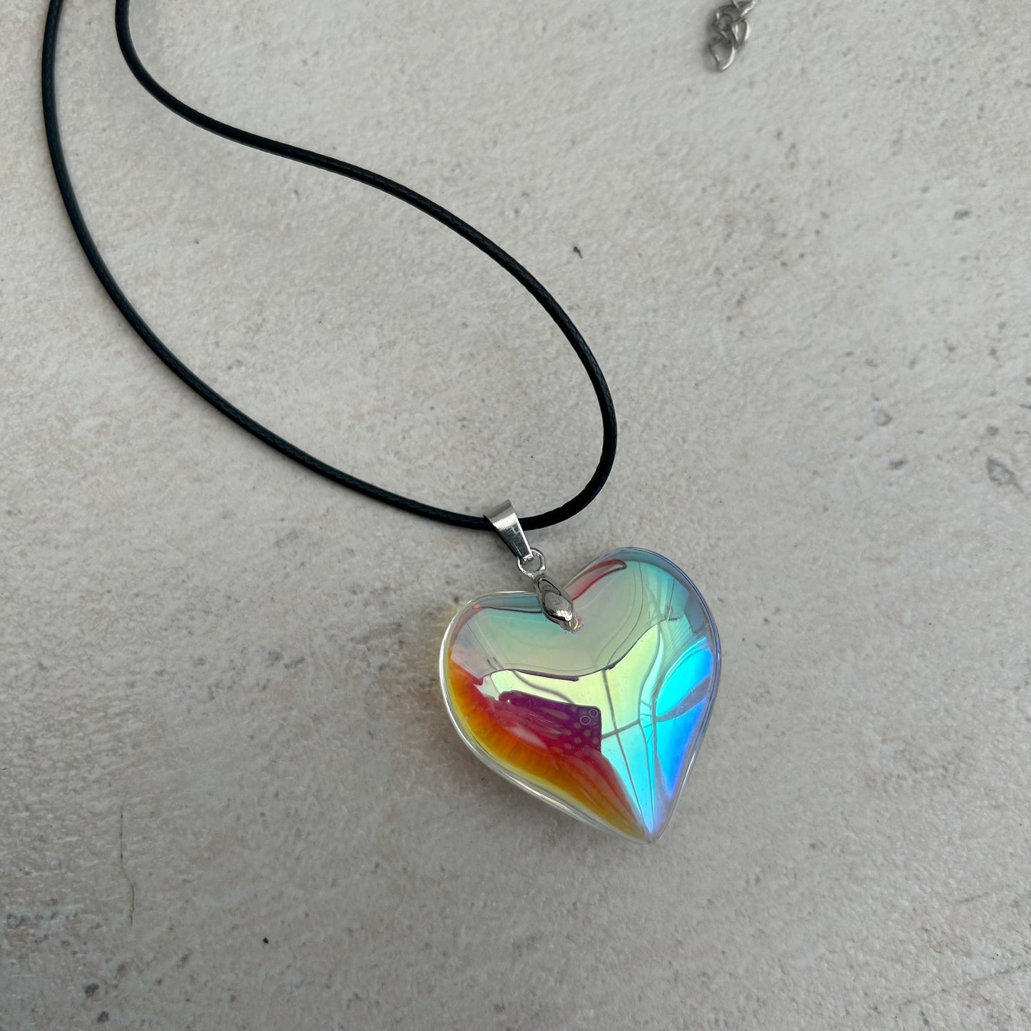 Iridescent glass heart necklace