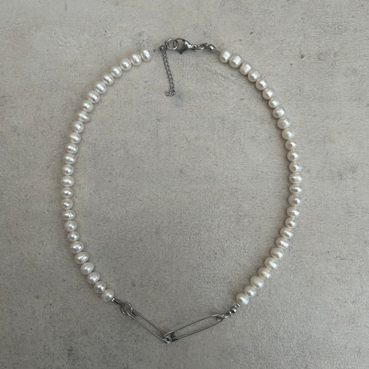 Freshwater pearl double safety pin necklace