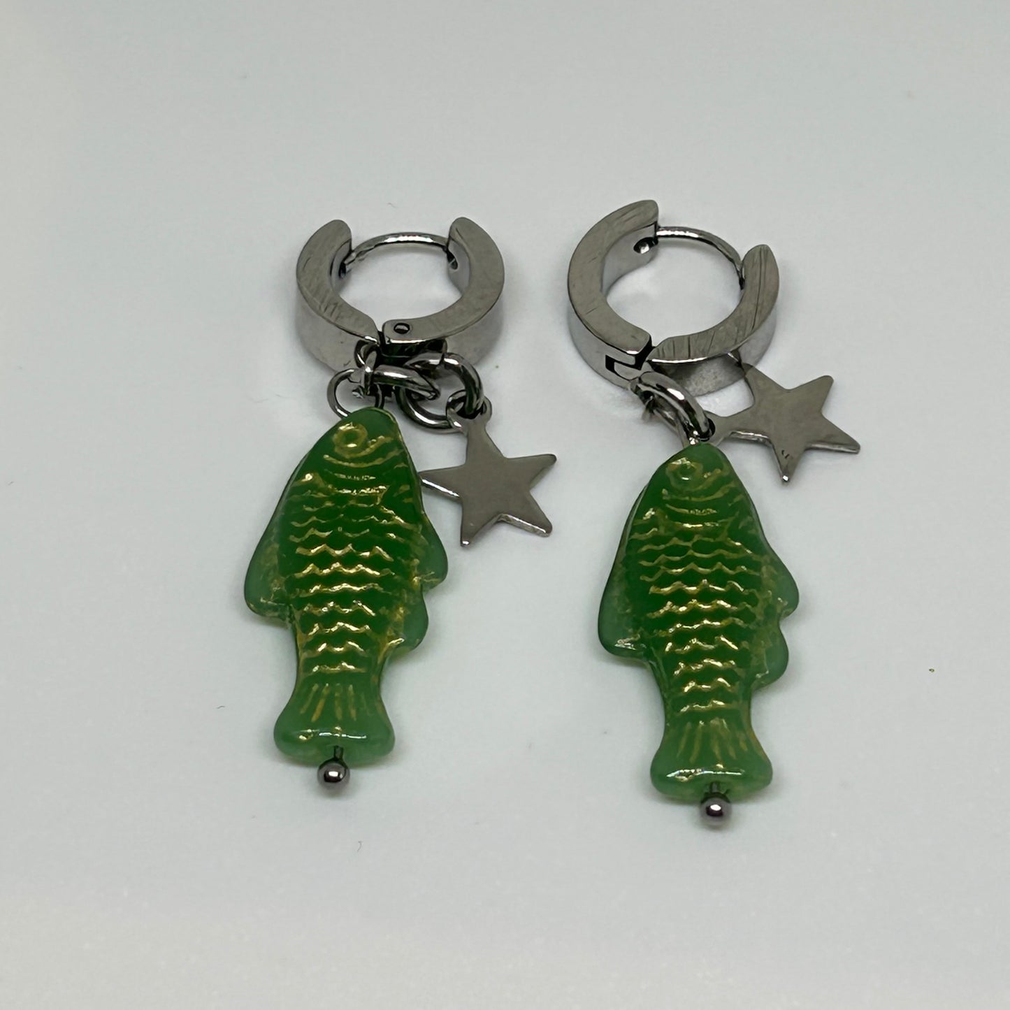 Gold on green star fish huggie earrings