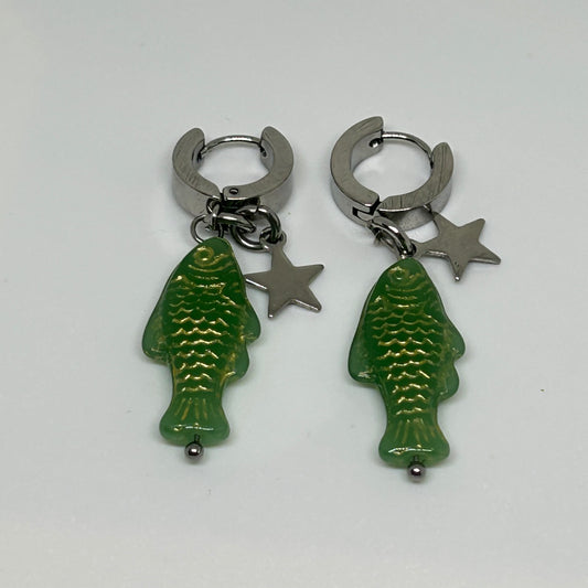 Gold on green star fish huggie earrings