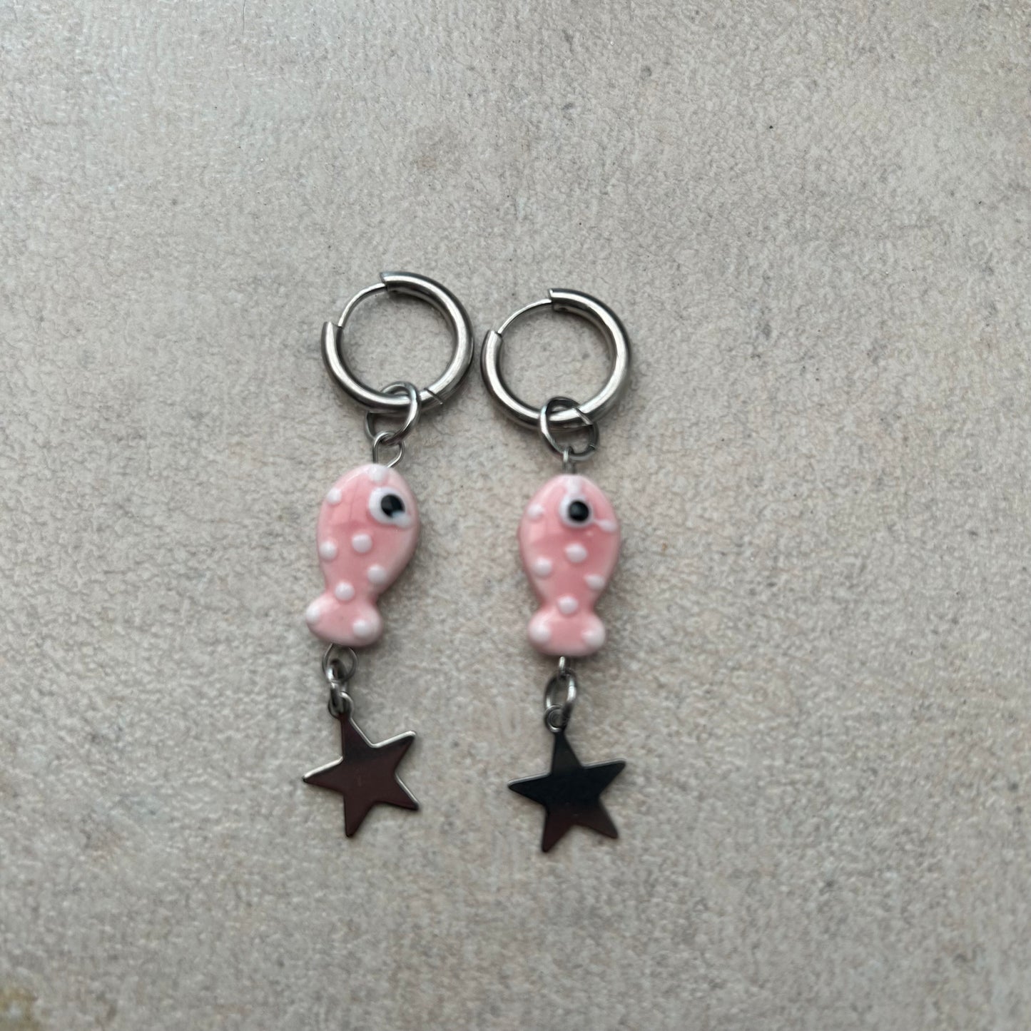 Pink ceramic polka dot fish earrings