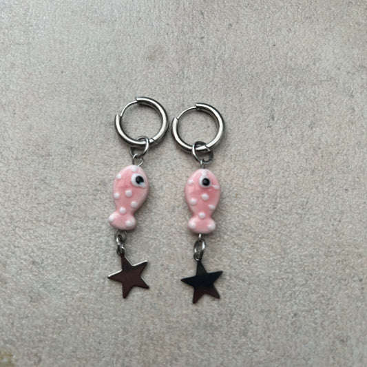 Pink ceramic polka dot fish earrings