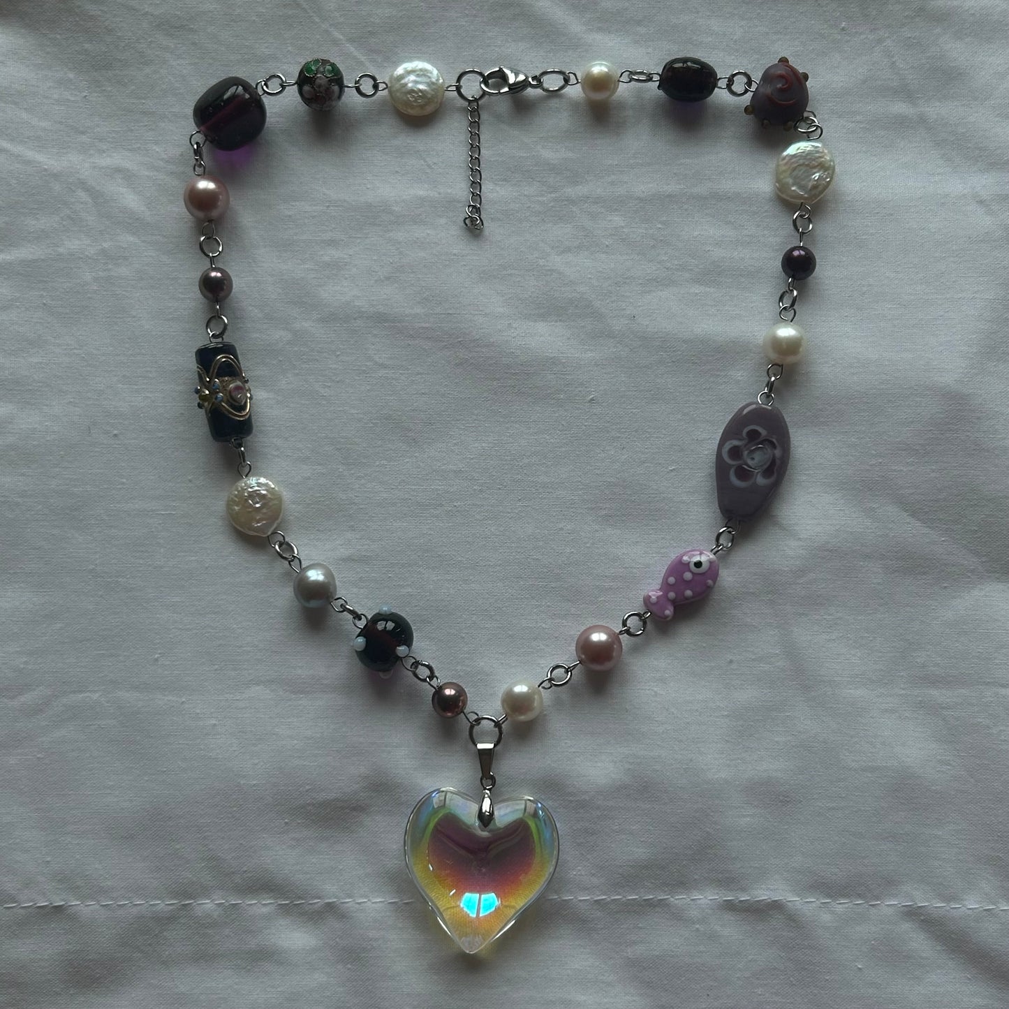 Iridescent glass heart necklace