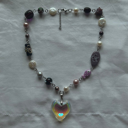 Iridescent glass heart necklace