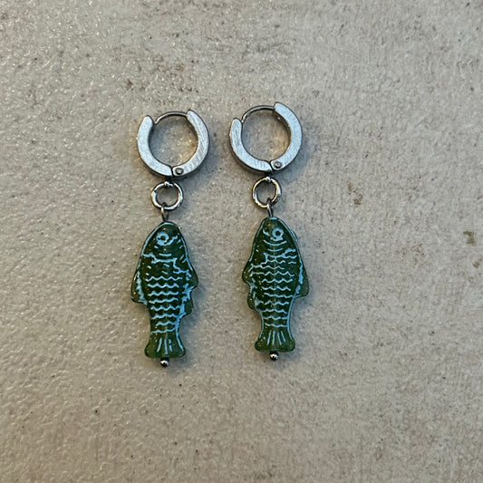 Blue on green fish earrings