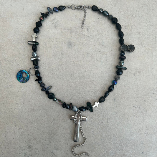 Pearly black cross necklace