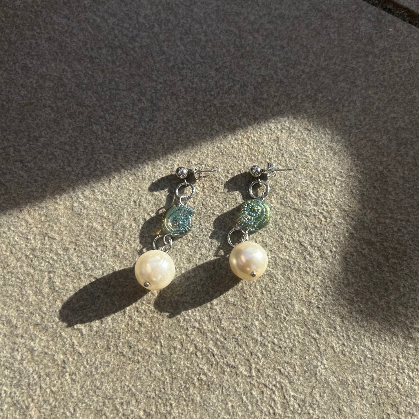 Faux pearl and glass shell earrings