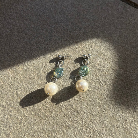 Faux pearl and glass shell earrings