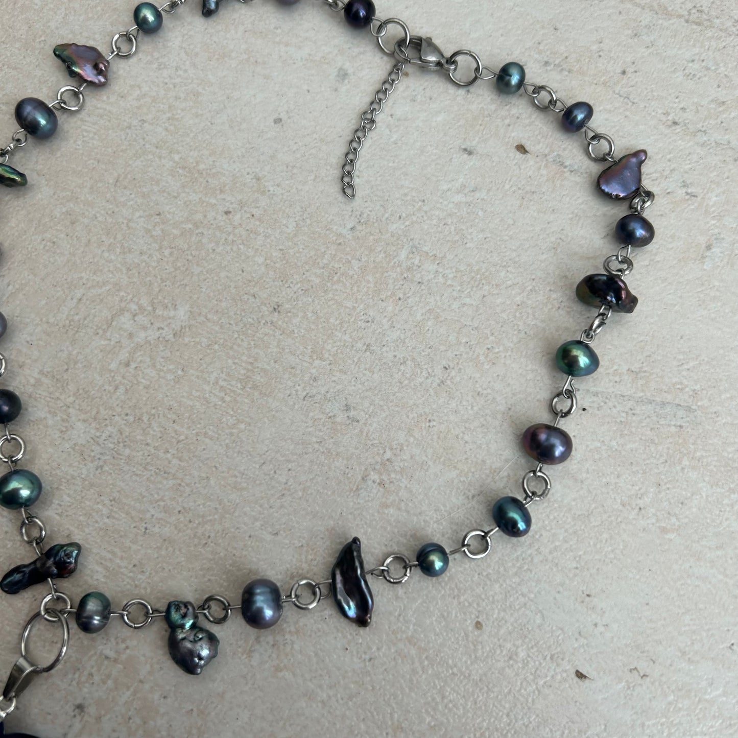 dark blue glass heart and freshwater pearl necklace